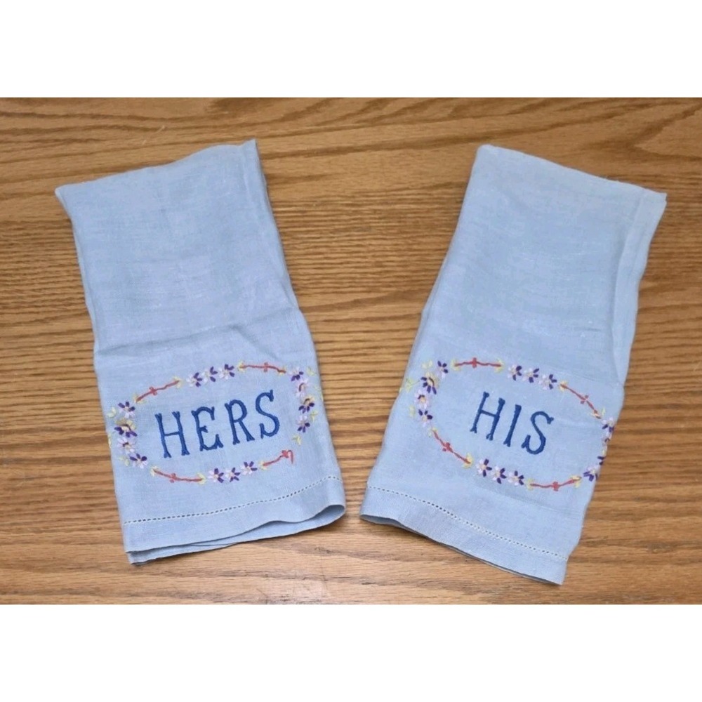 2 Vtg Embroidered Blue HIS & HERS Linen Towels or Dresser Toppers Cottage Core